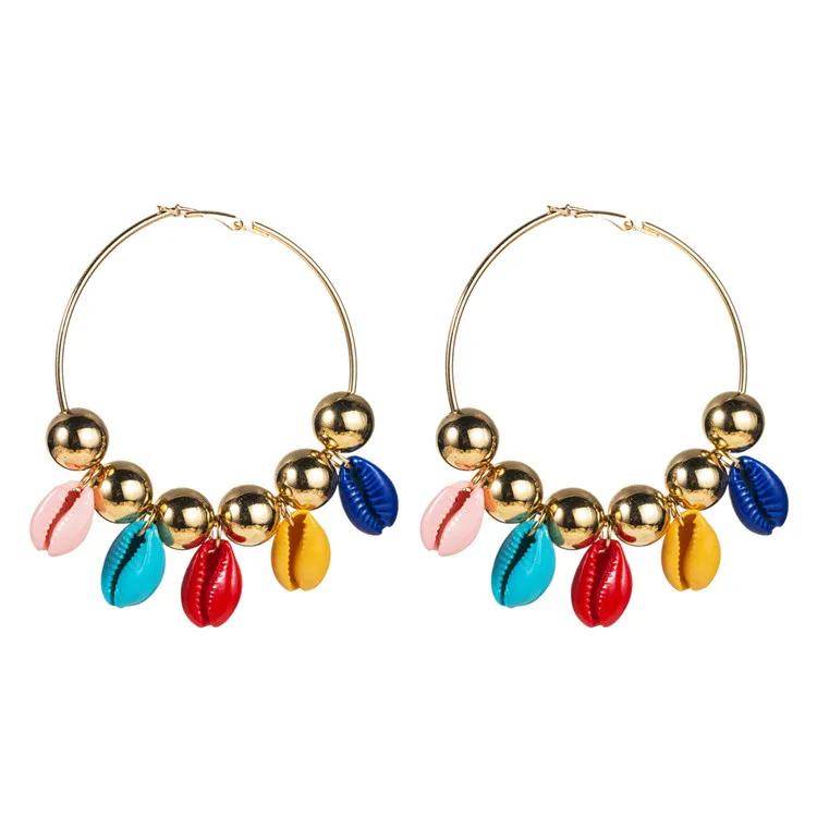 

Multicolor Colorful Sea Shell Tassels Earrings Summer Bohemian Gold Large Circle Shell Hoop Earrings