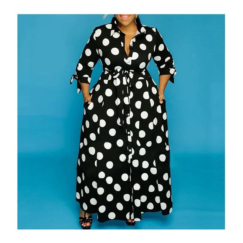 

142 Hot style casual plus size dress Blouse long-sleeved polka dot dress, Black