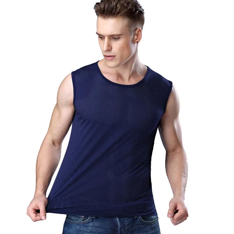 

Summer Thin Custom LOGO Quick Dry Loose O Neck Sports T Shirt Sleeveles Mesh Ice Silk Men Vest Breathable, White, black, gray, navy blue