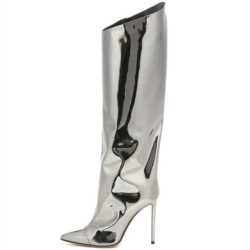 

Women Patent Leather Silver Gold Pointed Toe High Heels Long Boot Knee High Boots