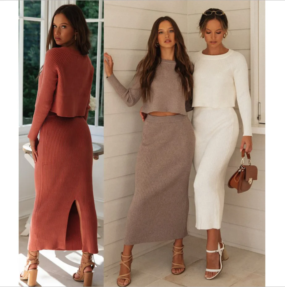 

FYB ladies 100% premium cotton 2 piece pants set Long skirt women rib knitted Crew Neck Skirt Sweater dress Set for Women, As picture