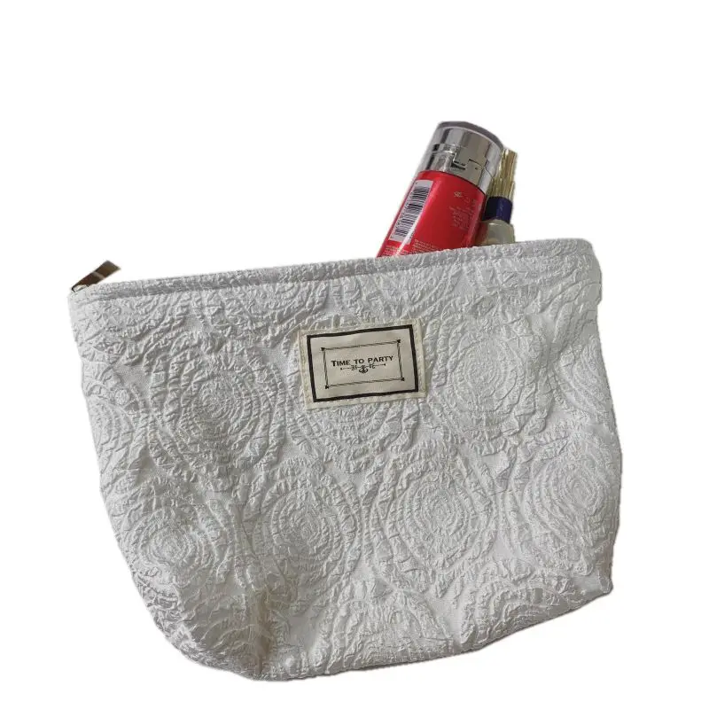 

Fashion Luxury Fabric Daisy Rose Flower Design Cosmetic Bag, Beige, white and black