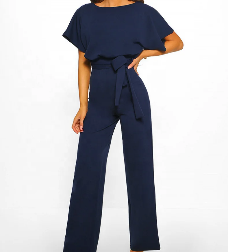 

Wholesale Monogrammed Women Solid Loose Bow High Waist Wide Leg Jumpsuit, Yellow, red, black, blue, pink, apricot, navy, customized