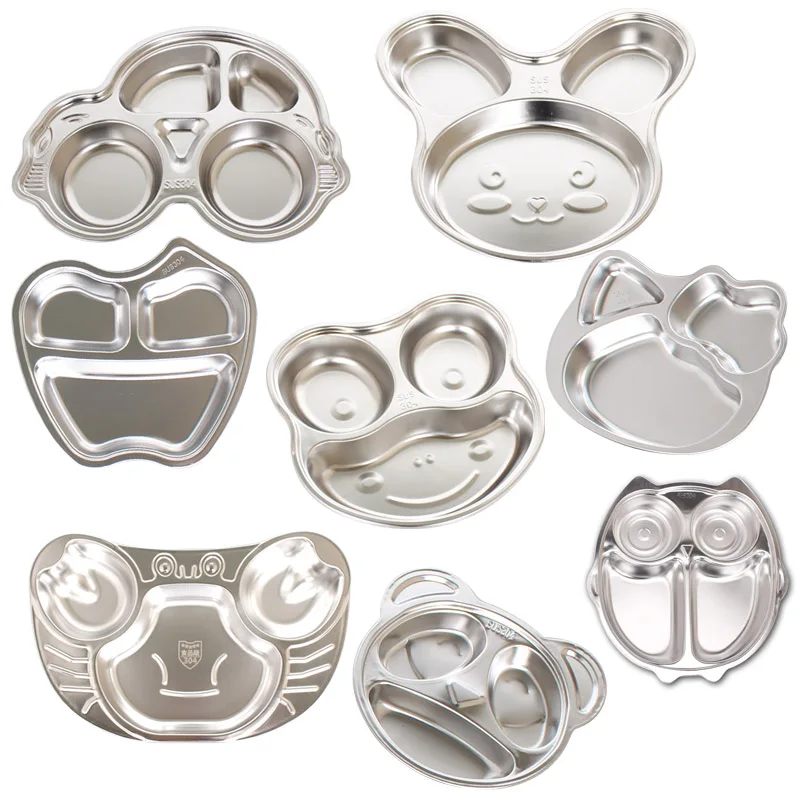 

304 stainless steel cartoon plate divided into grid dishes dinner plate children's stainless steel plates, Silvery