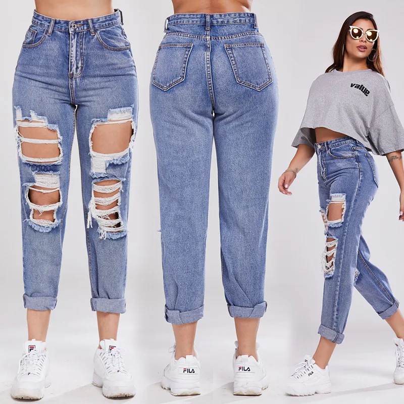 

European Urban High Rise Waist Destroyed Distressed Denim Jeans Women