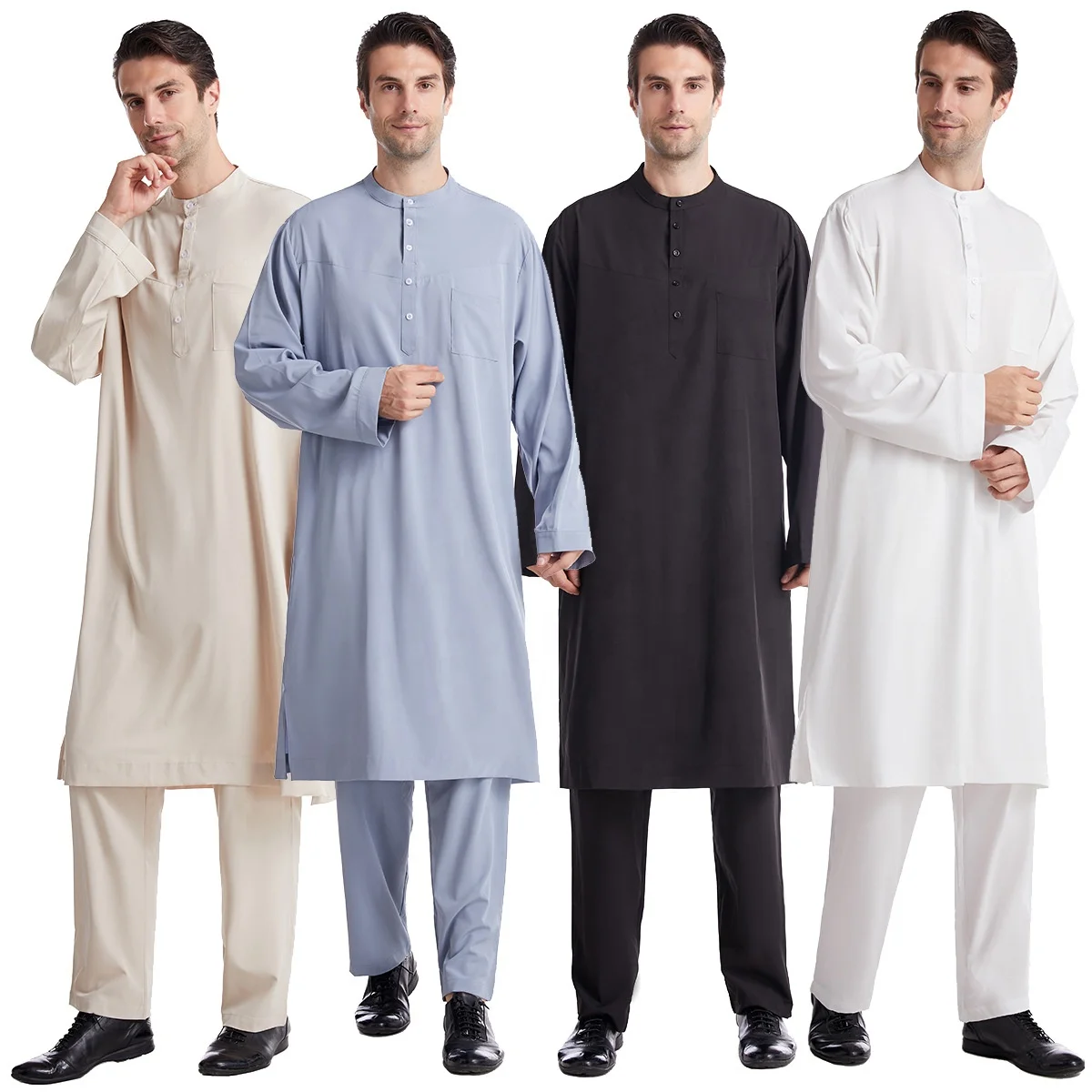 

2 piece latest design Muslim Arab Polo style men suit fashion Thobe Thawb Caftan, 4 colors