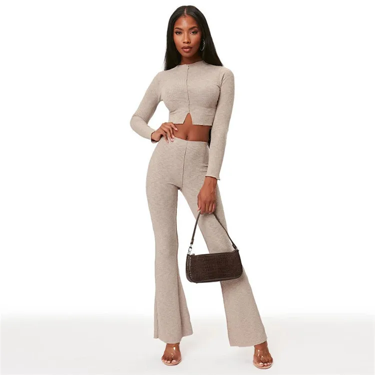 

Knitted Ripped Irregular Long Sleeve Slim Tops and High Elasticity Bodycon Pant Spring Autumn Matching Sets Two Piece Set, As picture