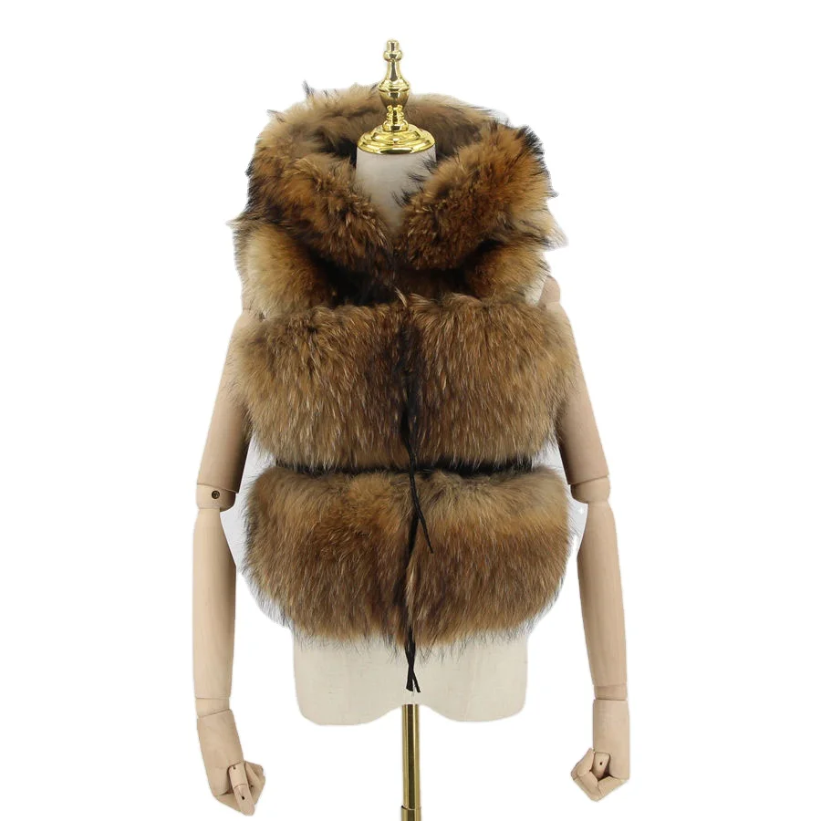 

QIUCHEN new arrival real raccoon fur gilet with hood natural fur jacket women luxury fox fur gilet QC20063