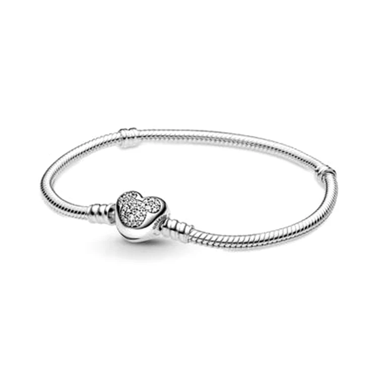 

Hot Sale Factory Direct Price 925 Sterling Silver Shimmering Heart Charm 1:1 Good quality with logo Engraved Bracelet