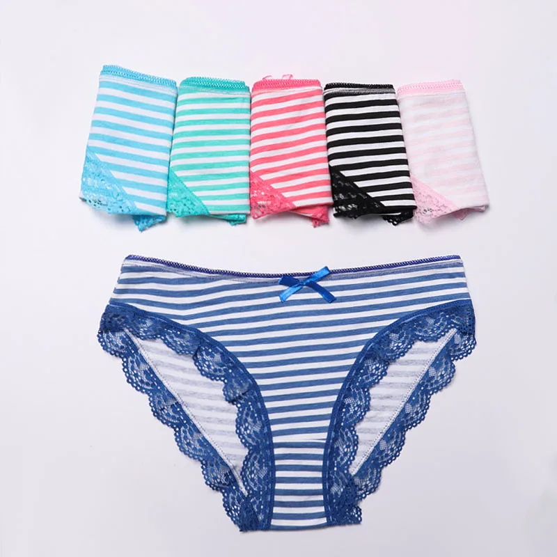 

Cotton Female Underwear High Cut Striped Print Sexy Lace Women Panties, Blue black pink white