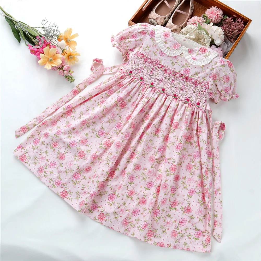 

C41255 4-12 years old floral smocked kids clothing baby girls dresses hand made embroidery children clothes