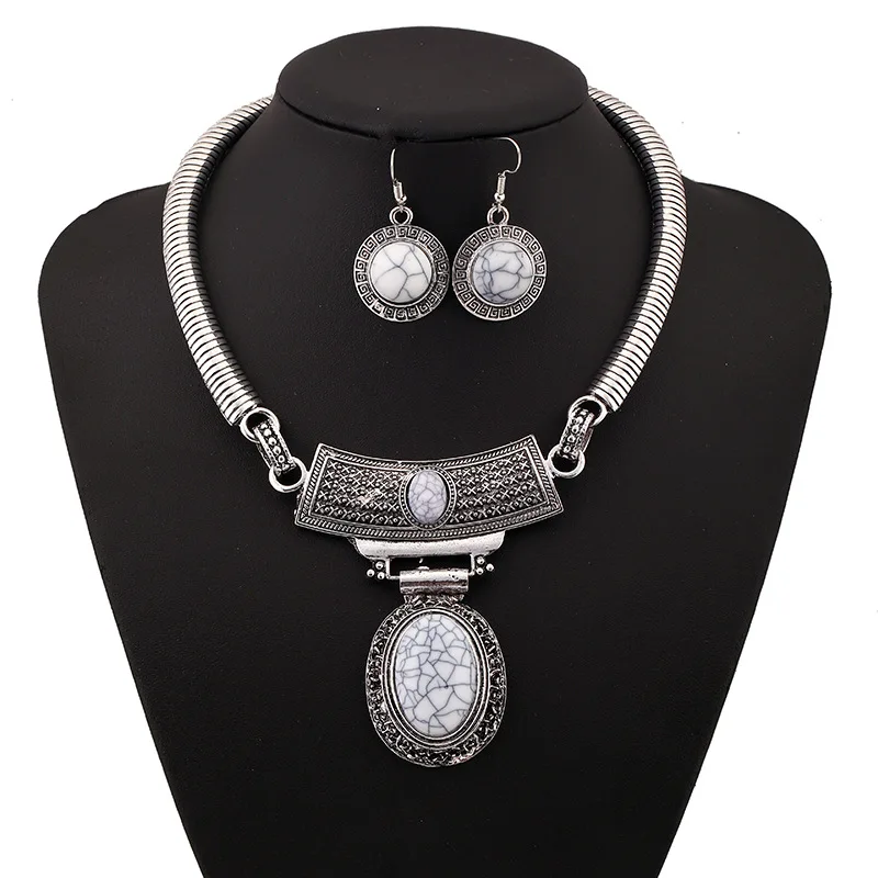 

Vintage Oval shape jewelry set choker Necklace earring set Turquoise stone jewelry set D501, As photo