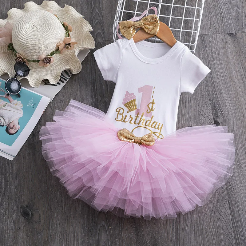 

Newborn one year Baby Girls 3pcs birithday Clothing Set printed romper top + tulle tutu skirt + headband outfits Clothes set, Picture shows