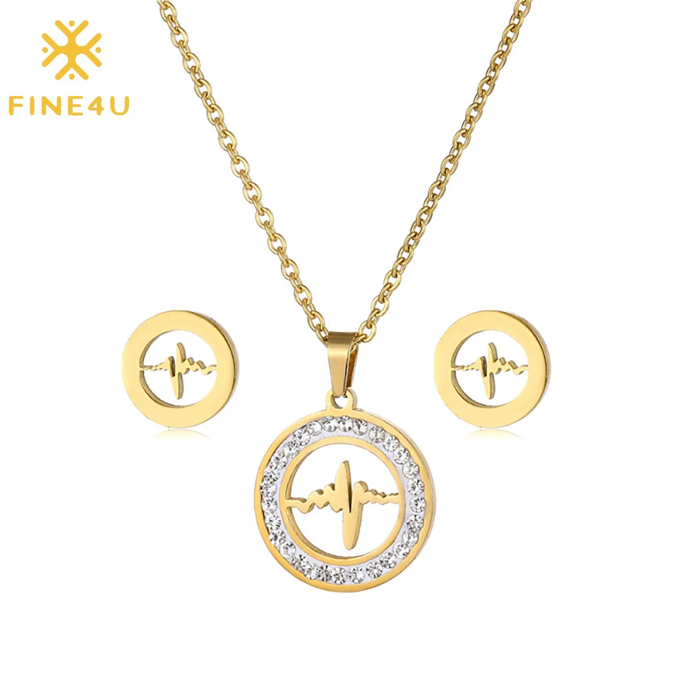 

Fashion women gold plated stainless steel ECG stethoscope heartbeat necklace earring studs bridal cubic zirconia jewelry set