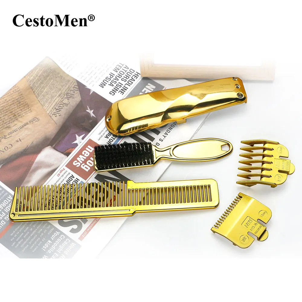 

CestoMen Premium Golden Barber Hair Cut Kit All Gold Clipper Guards Housing Solon Barber Tools set with comb brush