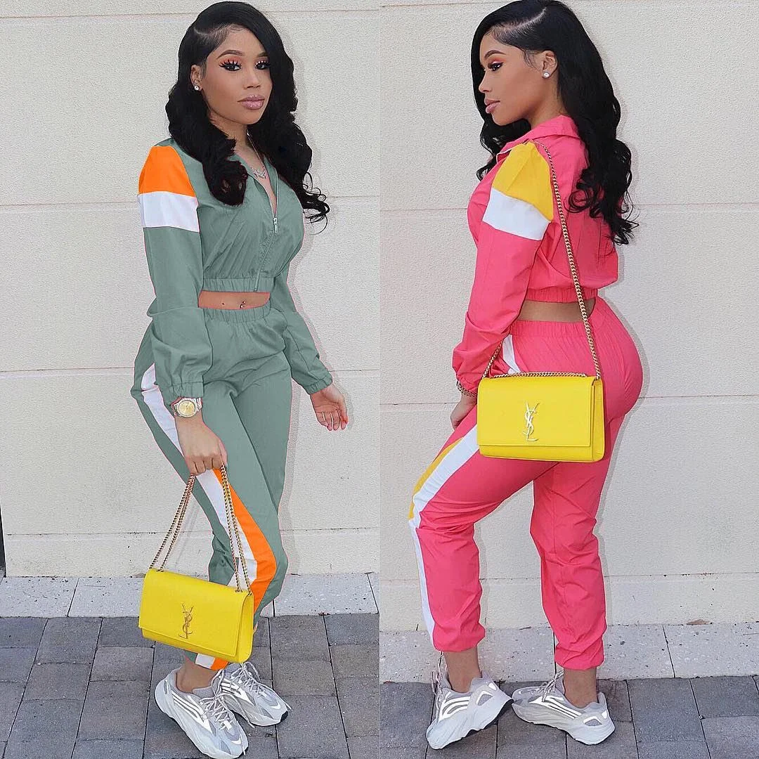 

Ladies stitching color block long-sleeved trousers personality sports and leisure two-piece sets suit, Shown