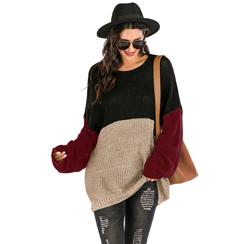 

China factory women clothing custom knitted loose colorful block patchwork sweaters