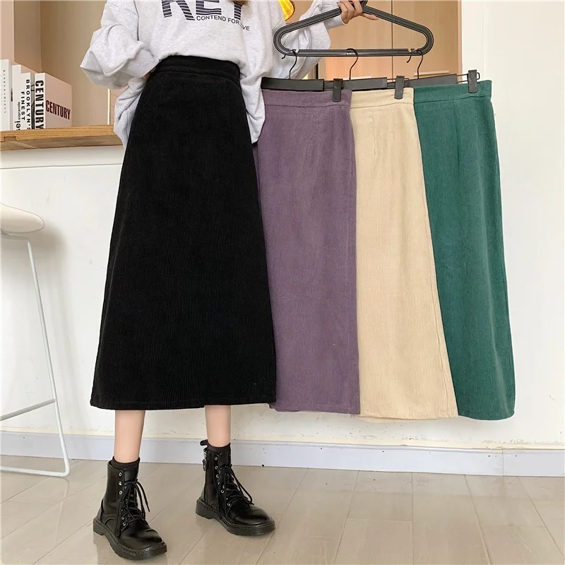 

Corduroy skirt women autumn and winter high waist thin A line long slit hip skirt cover crotch black/green/apricot/purple skirt, 4 colors