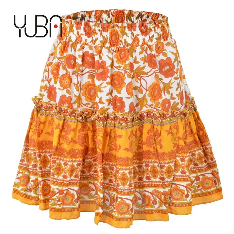 

s Bohemian Flower Print High Waist Ruffle Skirt Flared Boho A-Line Pleated Mini Skirt S-XL, As picture show