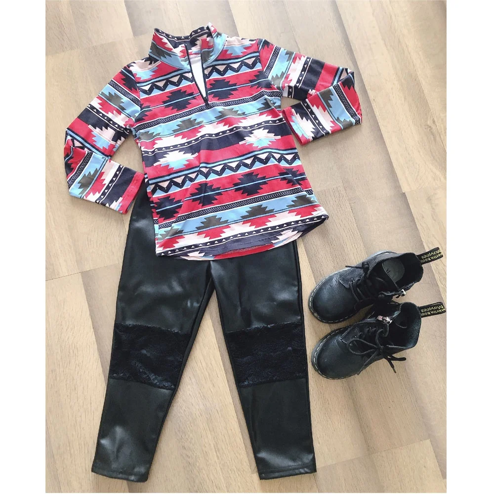 

Pieced knee lace hollow design black faux leather leggings for baby kids and girls