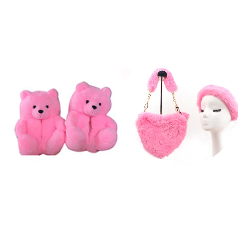 

Winter plush mommy and me slides  fits all big women bear slipper with matching fur heart shape purses and headbands, Custom color or red,pink,purple,blue,khaki,brown,colorful, rainbow