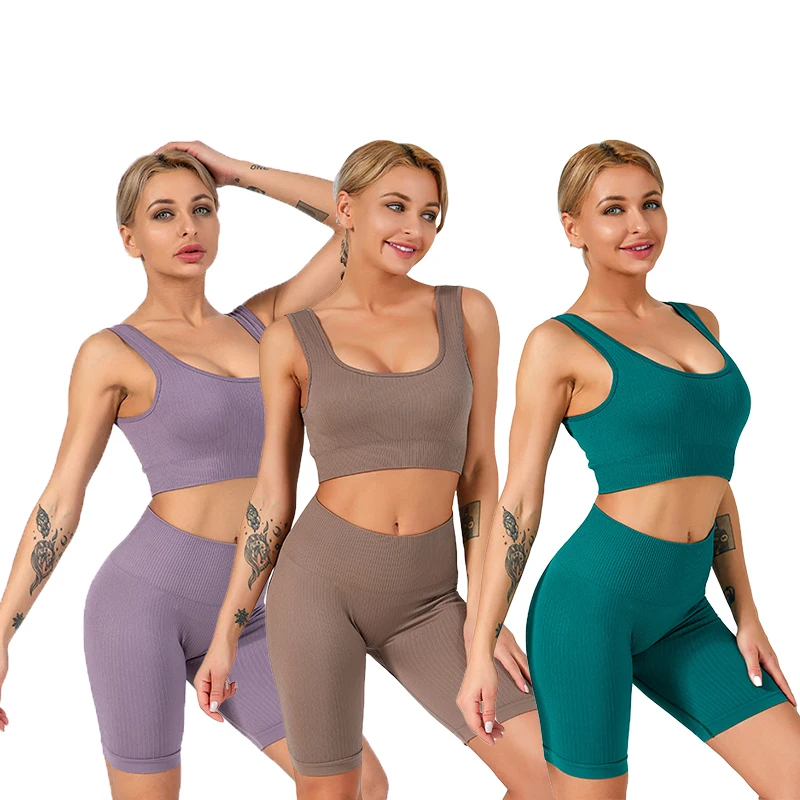 

New Product Discount Wholesale 5 colors Women Sports Vest Gym Wear Tights Crop Top 2 Pieces Seamless Women Short Suit Yoga Set