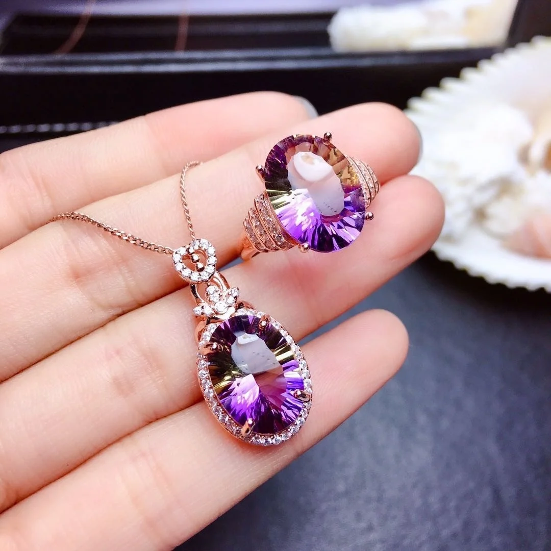 

New Romantic Wedding Jewelry Set For Women Inlaid Gradient Colorful Tourmaline Gemstone Pendant Necklace Ring Girlfriend Gift, Customized color