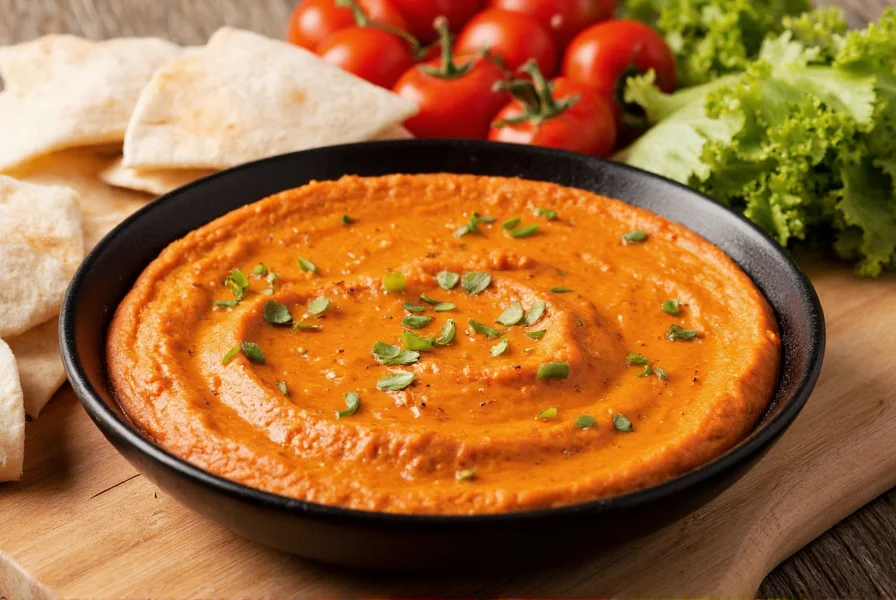 Roasted red pepper hummus served with fresh vegetables and pita bread on wooden board