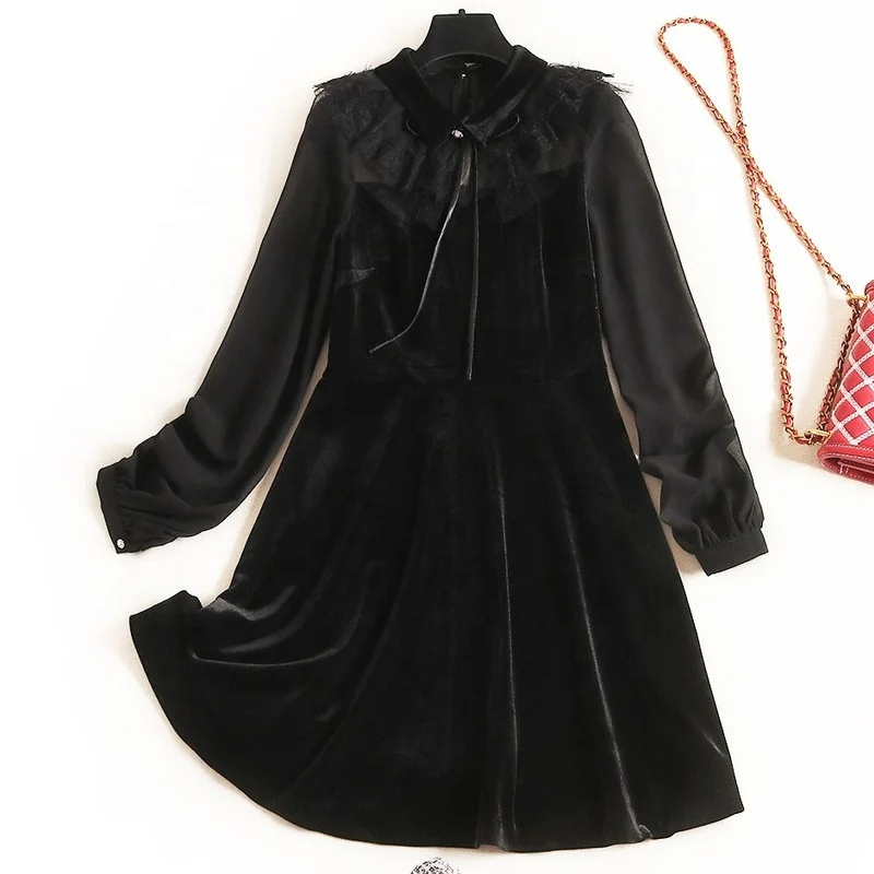 

B24025A Velvet dress 2019 Winter new fashion bow lace A- line dress