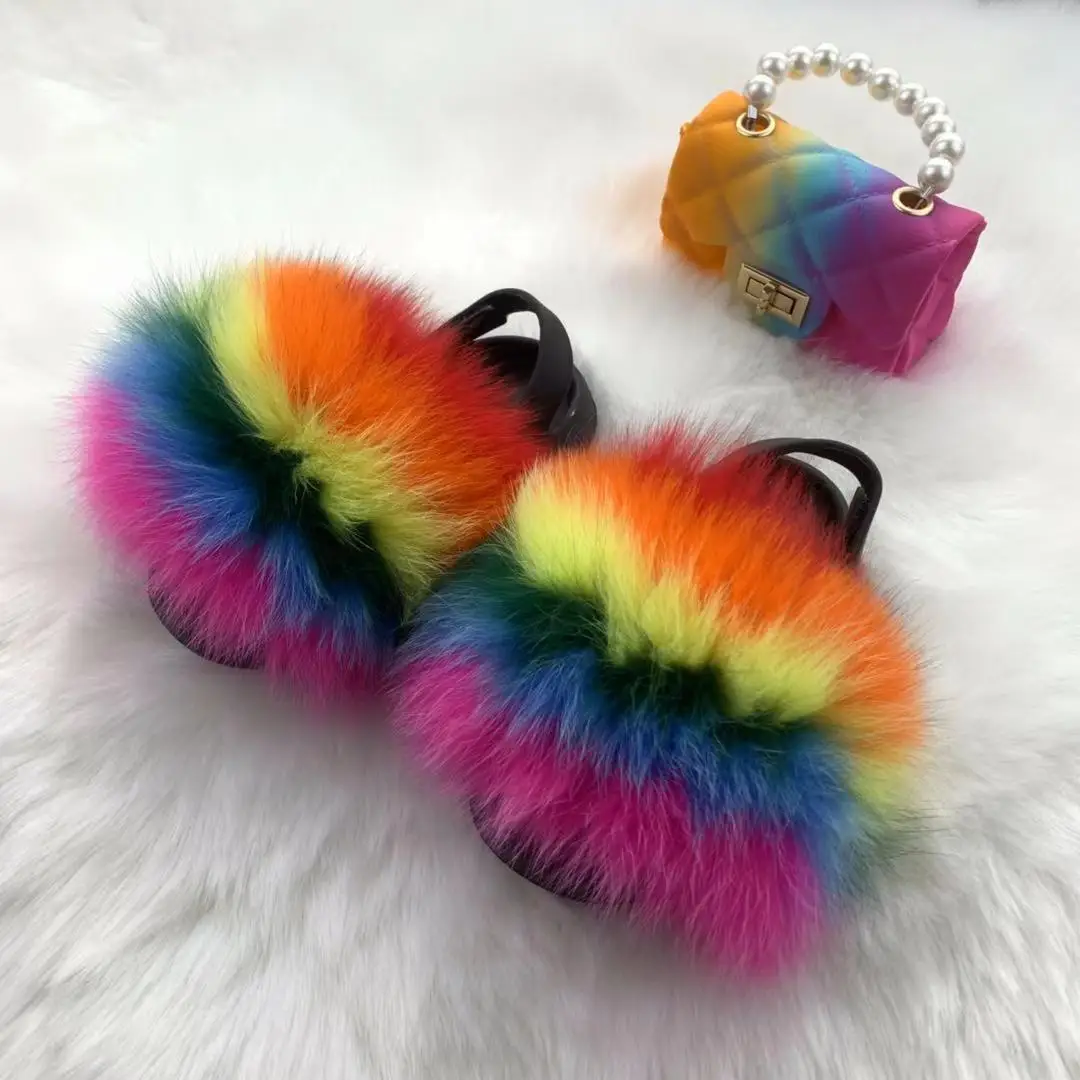 

2022 Fashion Hot Sale Kids Fur Slippers and Purse Set Colorful Fluffy Girls Fur Slippers with Purse, Customized color