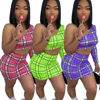 

Fashion Plaid Print Long Sleeve Top Mini Skirt Two Piece Women Dress Set