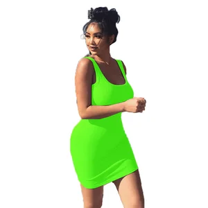 Women Sexy Neon Summer Ruched Bodycon Dress Polyester Ribbed Fabric Strap Party Mini Dresses