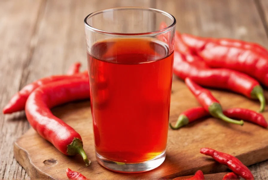 Close-up of cayenne pepper powder being stirred into warm water in a glass