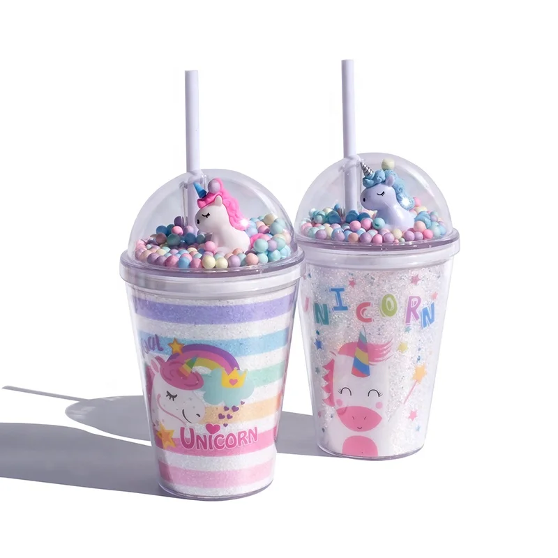 

Girlwill Unicorn Foam Ball Lids Plastic Cups With Straws Custom Logo Tumbler Wholesale Mugs BPA Free Eco-Friendly Drink Bottles, Rainbow striped unicorn & fairy stick unicorn