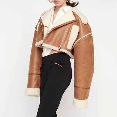 

Trendy design plus size casual cropped lambswool faux leather winter motorcycles jacket