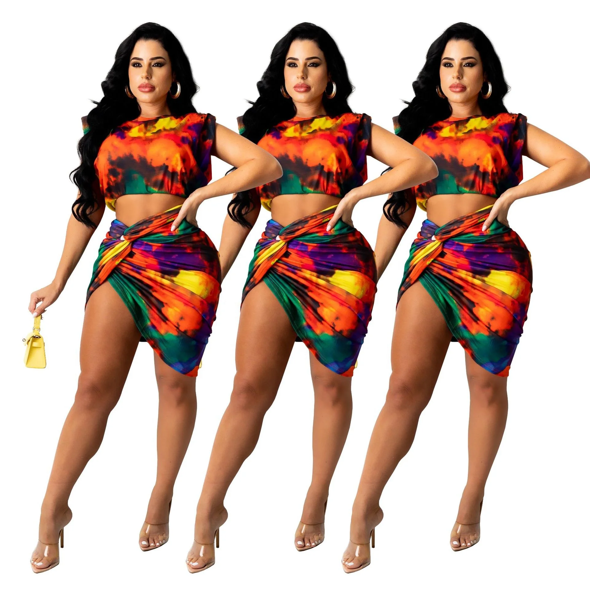 

DLL H1670 new arrival women sexy tie dye Irregular sleeveless skirt set two pieces short sets