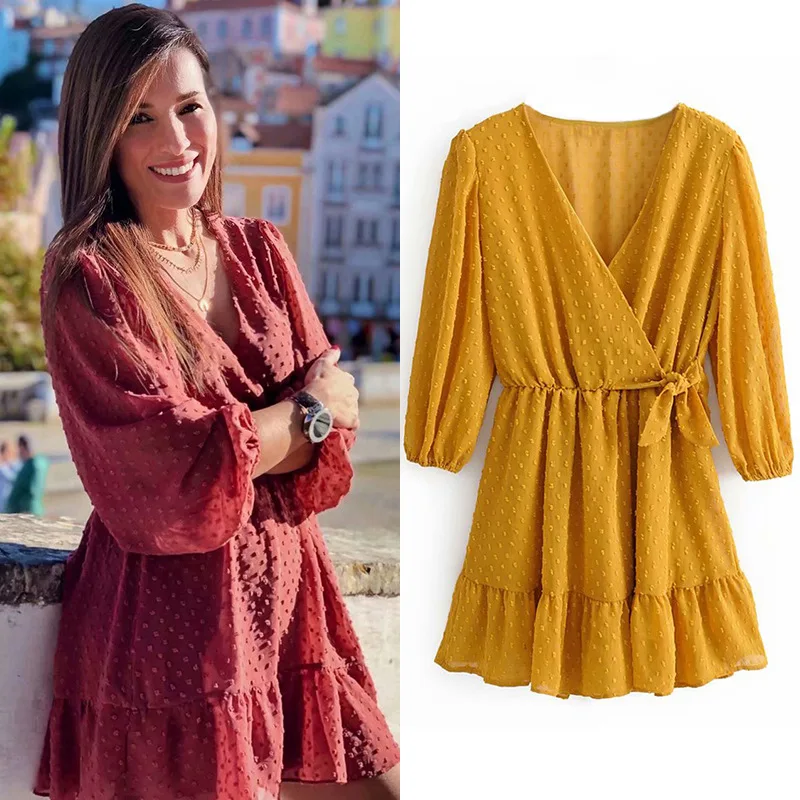 

Wind Jacquard Lantern Long-sleeved V-neck High-waist Pleated Ladies Dresses Casual Dresses Summer 2021 Wholesale Spot Net Red, As shown