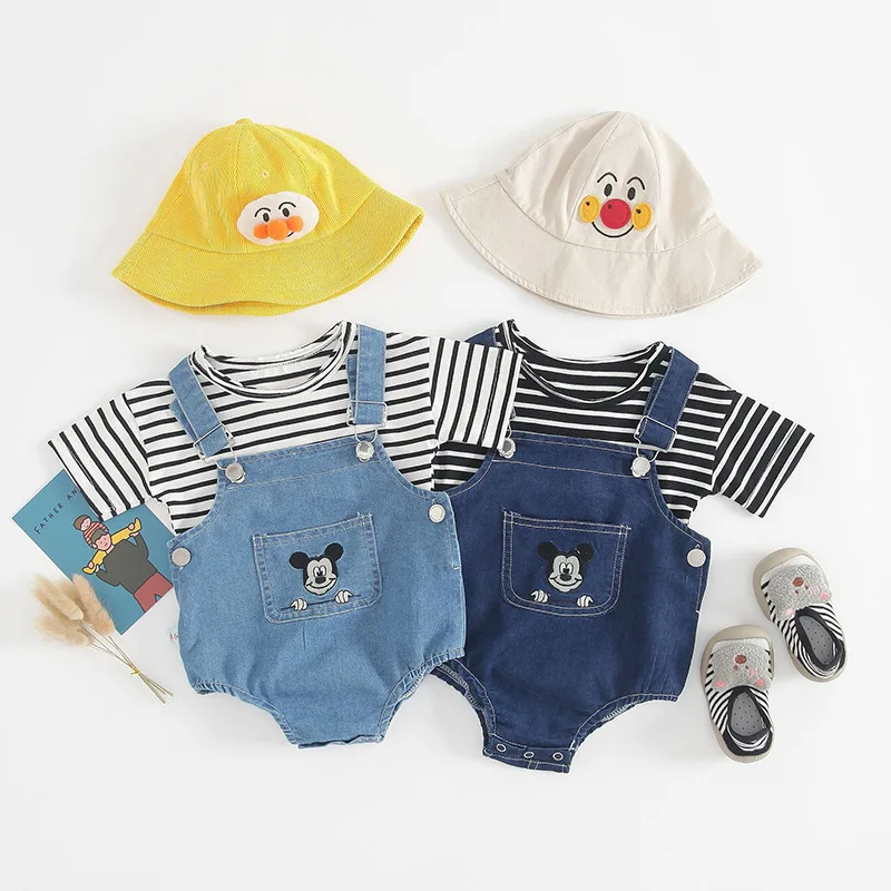 

2021 summer new classic baby denim suspenders jumpsuit baby white black striped T-shirt set clothing sets, As picture shown