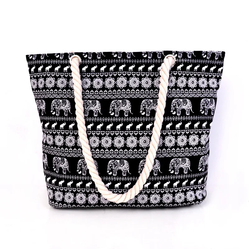 

Wholesale 2020 Black Elephant Design full Printing Canvas Woman Beach Bag with Zipper in stock Handbag