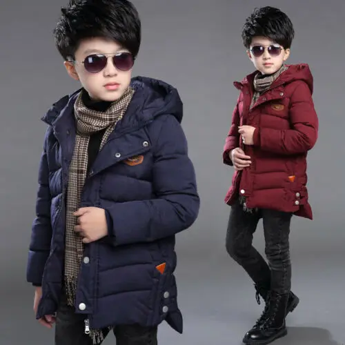 

Kids Boys Hooded Warm Quilted Puffer Coat Jacket School Long Parka Warm