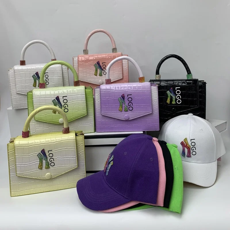 

InStock Quickly Shipping Ladies Crossbody Brand Hats And Purses Handbags Set Colorful La Purse And Hat Set For Women, As the picture show