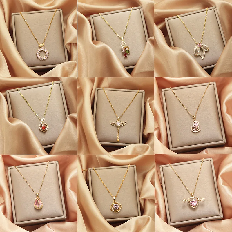 

Luxury Fashion 18k Gold Stainless Steel Zircon Heart Butterfly Pendant Necklace Women Gemstone Love Flower Necklace For Gift