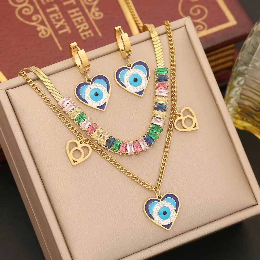 2023 New Arrivals 18k Gold Plated Zircon Heart Necklace Earrings Set Stainless Steel Devil Eye Jewelry Set For Women