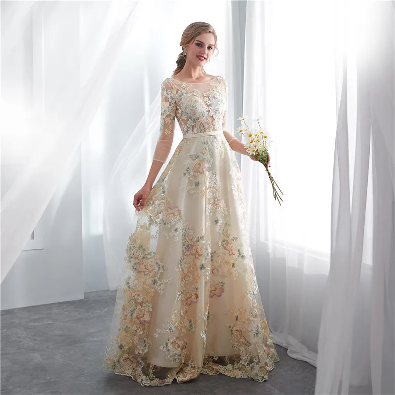 

Champagne Scoop Neck Embroidery Backless Three Quarter Floor Length Long Prom Party Dress Vestido Robe de soiree evening dress