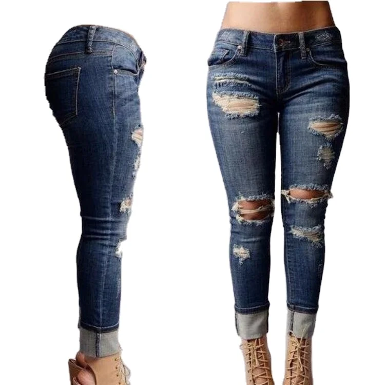 

Fashionable pencil ripped style women jeans in 2021 denim jeans, Blue