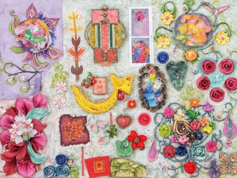 Combined craft kit materials creating mixed media art