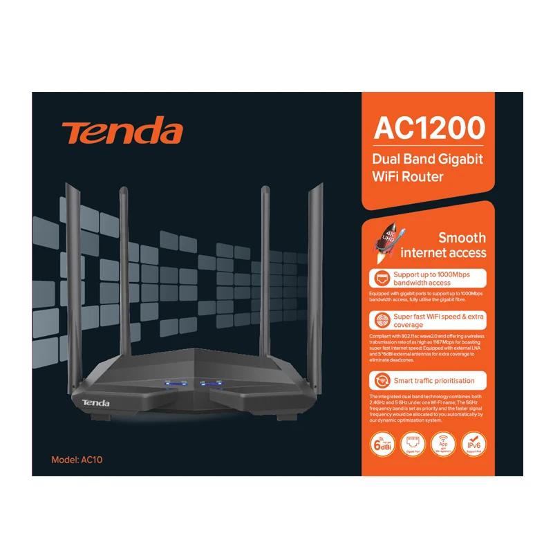 

English Tenda AC10 1200Mbps Gigabit Router Dual band 2.4G/5G 1 WAN+3 LAN Wifi Wireless Repeater router