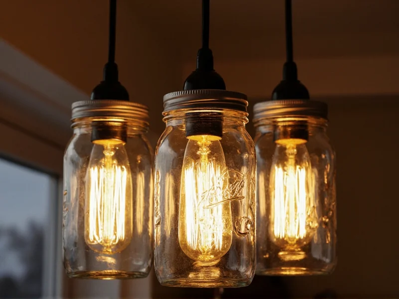 Mason jar chandelier with vintage light bulbs