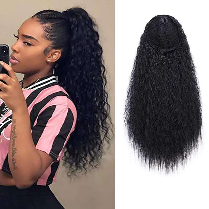 

Vigorous Long Curly Drawetring Ponytail Black Synthetic Yaki Curly Drawstring Ponytail Hair Extensions for Black Women 1B Color