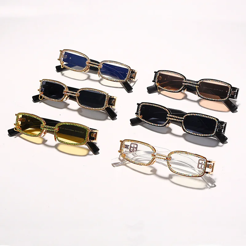 

Brand Vintage Ins Trendy Handmade Bling Diamond Small Square Metal Frame UV400 PC Lens Sunglasses Sun Glasses Shades for Women